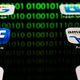 A photo illustration of the Facebook, Amazon, Youtube, Google, Apple Store app logos hovering in front of a series of ones and zeroes.